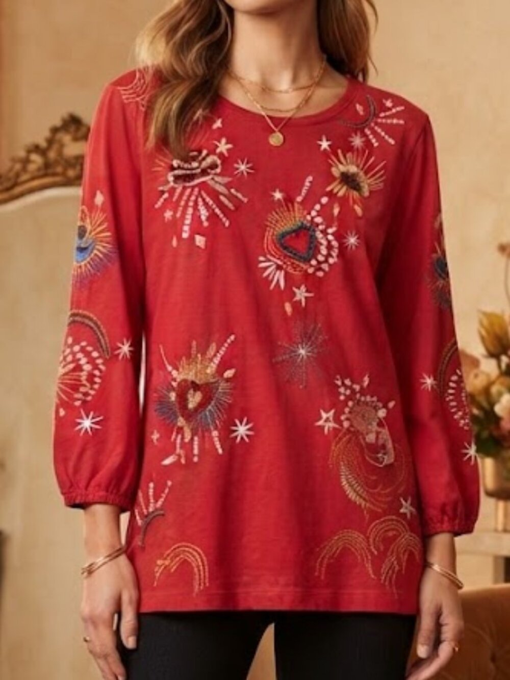 Johnny Was Red Embroidered Celestial Tunic Size S
